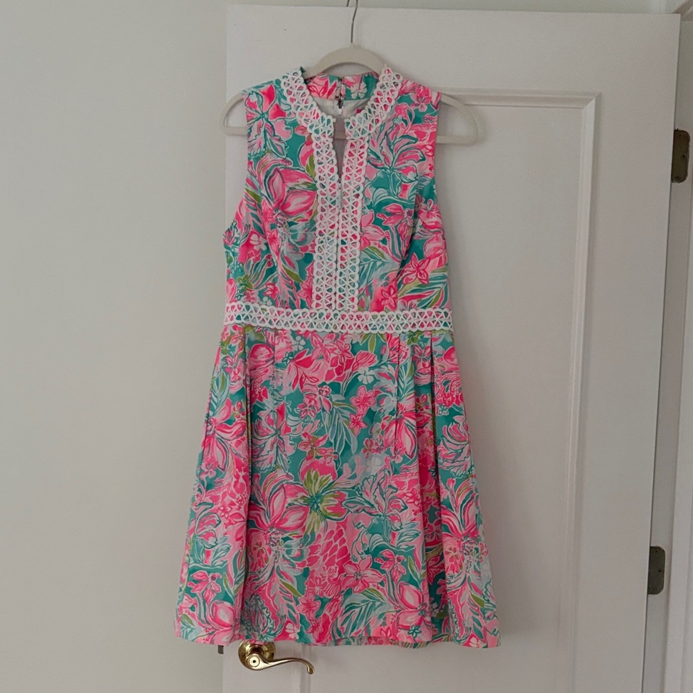 Lilly Pulitzer Pink & Teal Floral Lace-Trim Dress Size 12